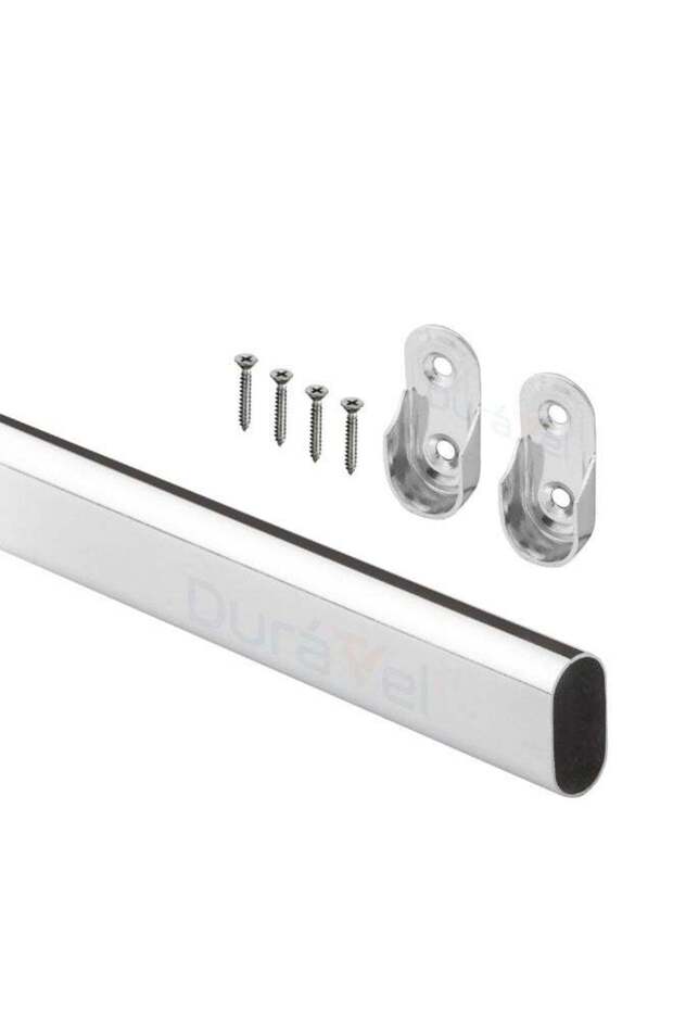 Oval Closet Rod, White Chrome, Metal, 95 cm, with Mounting Brackets, Screws Included