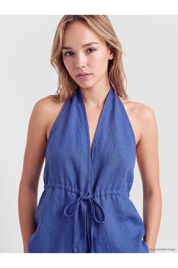 Blue Halter Neck Tie Women's Beach Blouse