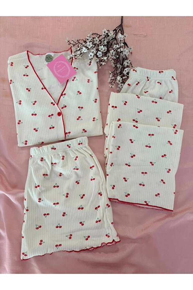 3-Piece Women's Cherry Patterned V-Neck Pajama Set Moony