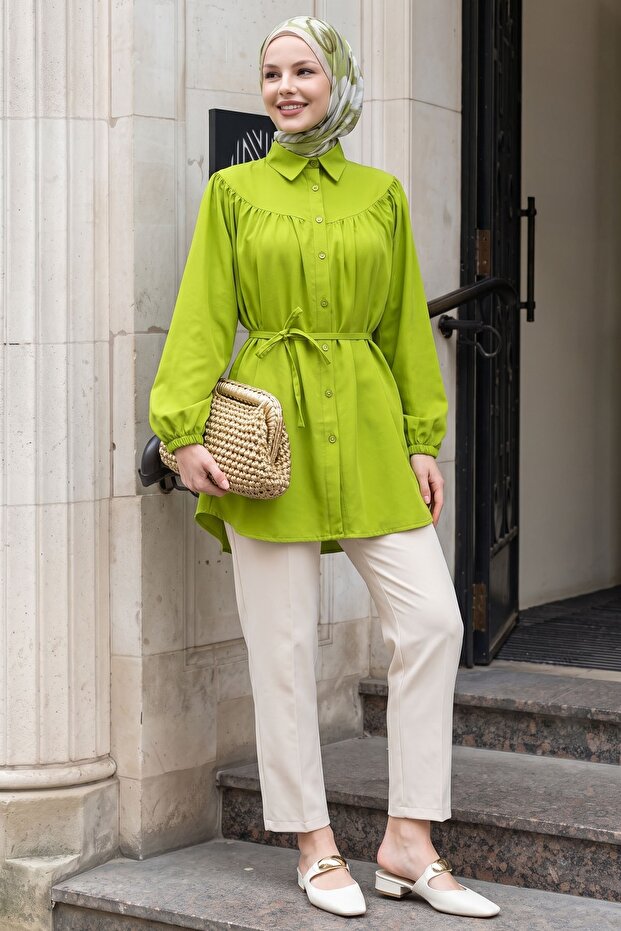 Rope Belted Fat Green Shirt Tunic