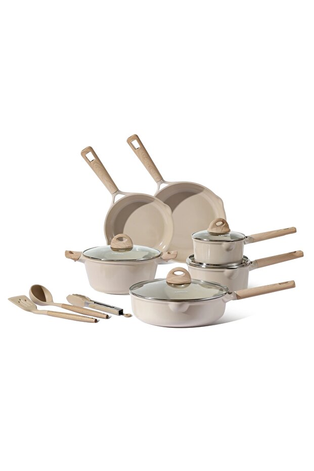 13-Piece Ceramic Non Stick Cookware Set, Induction & Gas Compatible, Non Toxic, Taupe