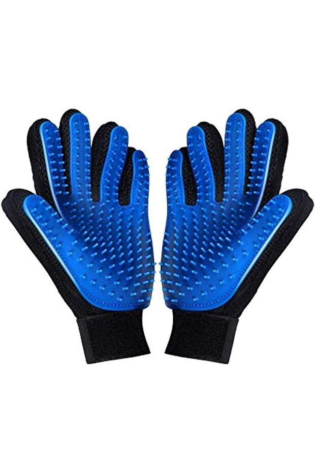 Pet Grooming Gloves, Blue Silicone Hair Removal Brush, pack of of 2 | Dogs & Cats, Deshedding Mitt, Bath & Massage, Adjustable Wrist Strap, Fur Remover
