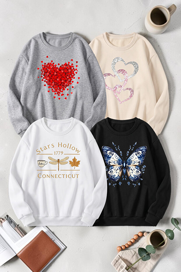 Unisex Mixed Printed Crew Neck Sweatshirt Set – Pack of 4