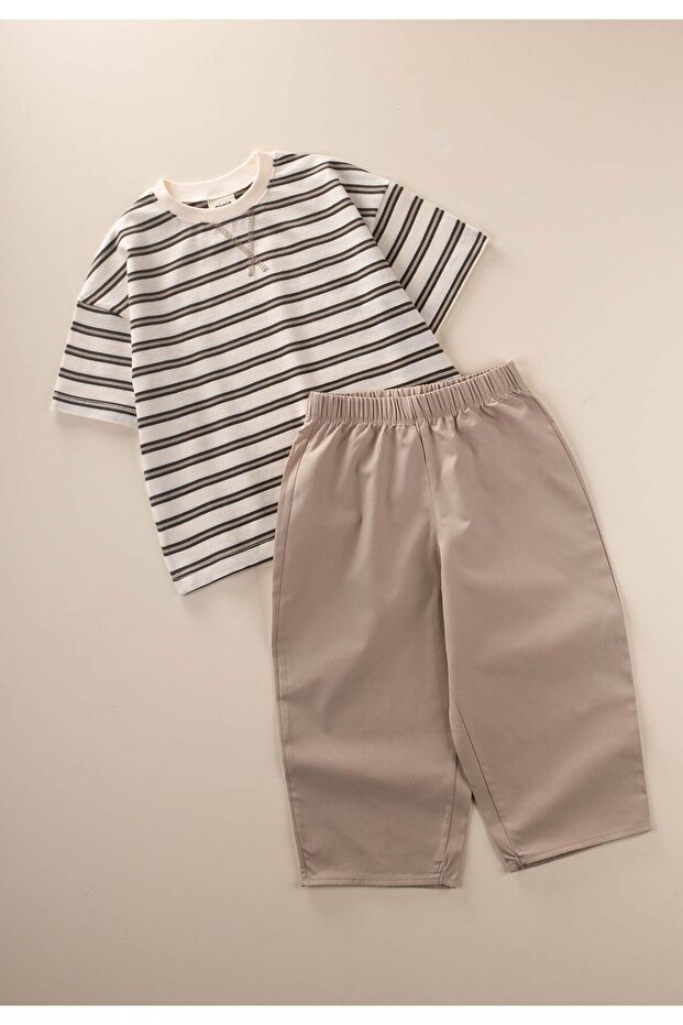Oversize T-Shirt Wide Cut Trousers Set 2-10 Years Anthracite Mink Striped