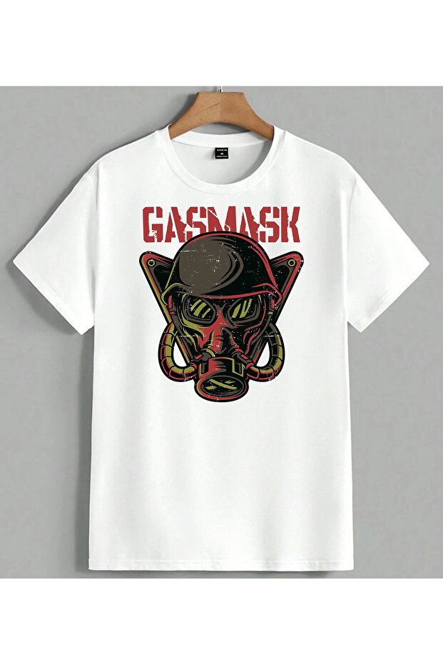 Gasmask Skull Rock Design Printed Unisex Oversize T-Shirt White