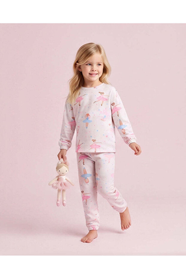 Girls White Ballerina All Over Print Pyjama Set