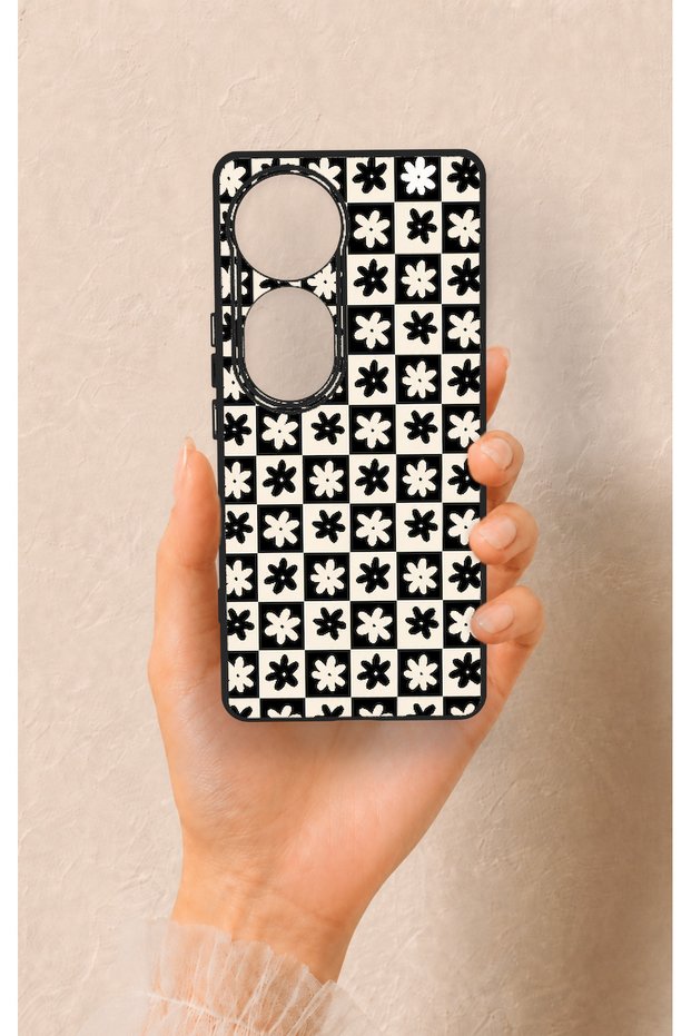 Vivo V40 Compatible Floral Motif Checkered Pattern Silicone Case