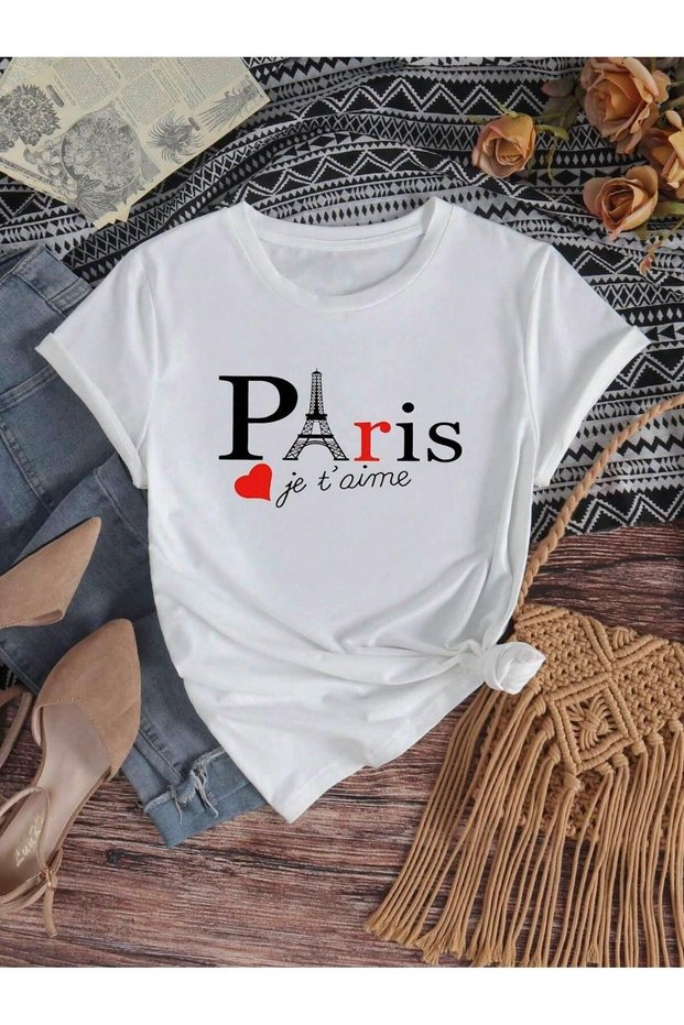 Women's White Paris Printed Oversize T-Shirt