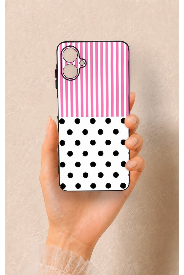 Samsung A06 Compatible Pink Striped Polka Dot Patterned Silicone Case