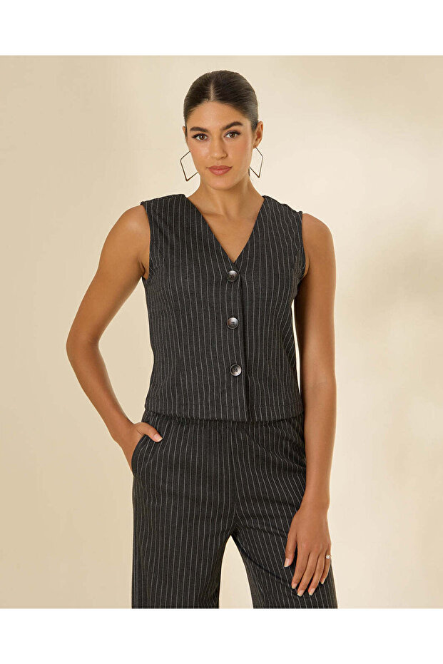 Women Charcoal Striped Sleeveless Waistcoat