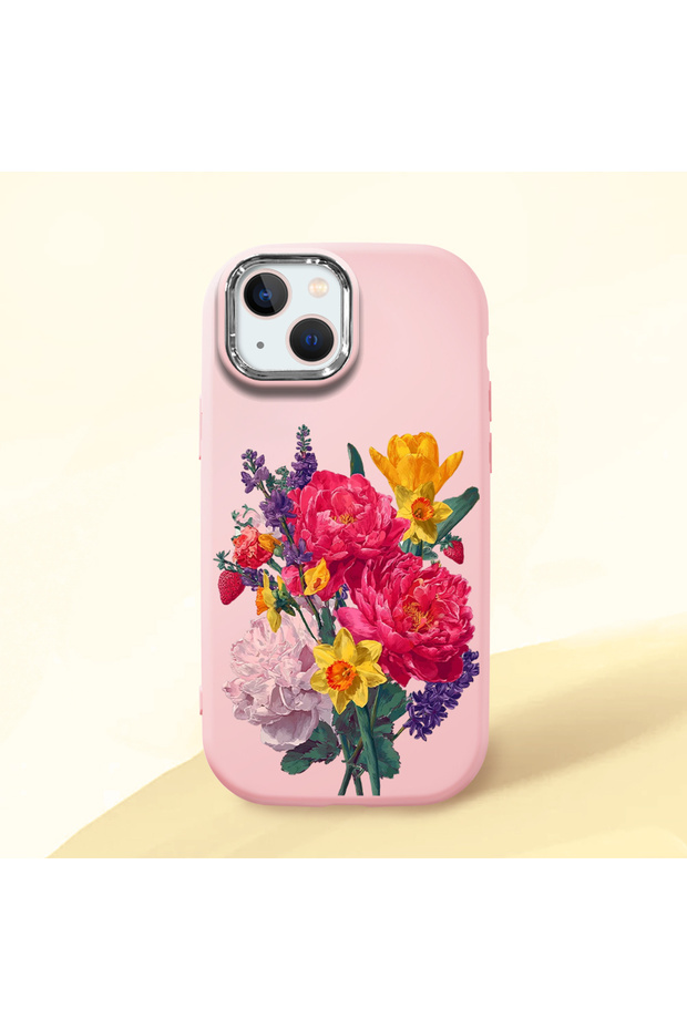 iPhone 13 Compatible Case Camera Protector Pink Silicone Couple Phone Case with Floral Pattern