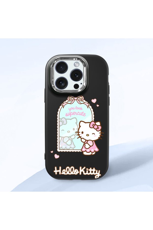 iPhone 15 Pro Compatible Case with Camera Protector Black Silicone Couple Phone Case with Kitty Pattern