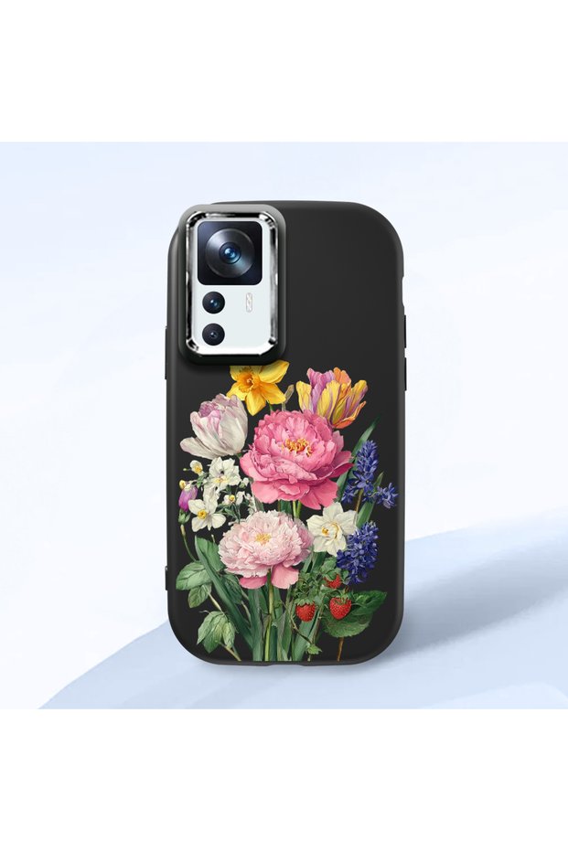 Mi 12t Compatible Case Camera Protector Black Silicone Couple Phone Case with Floral Pattern