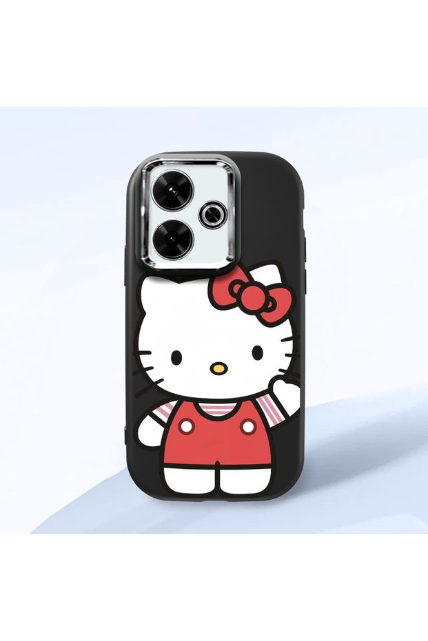 Poco M6 Compatible Case Camera Protector Black Silicone Couple Phone Case with Kitty Pattern