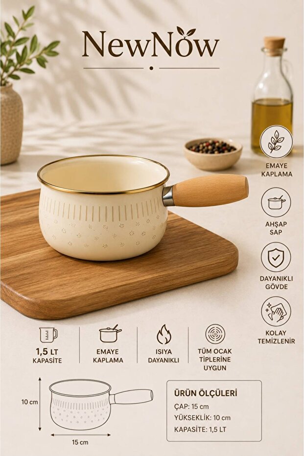 Premium Enamel Milk Pot 1.5 Lt Wooden Handle Milk Heating Pot Sauce Pot 15cm