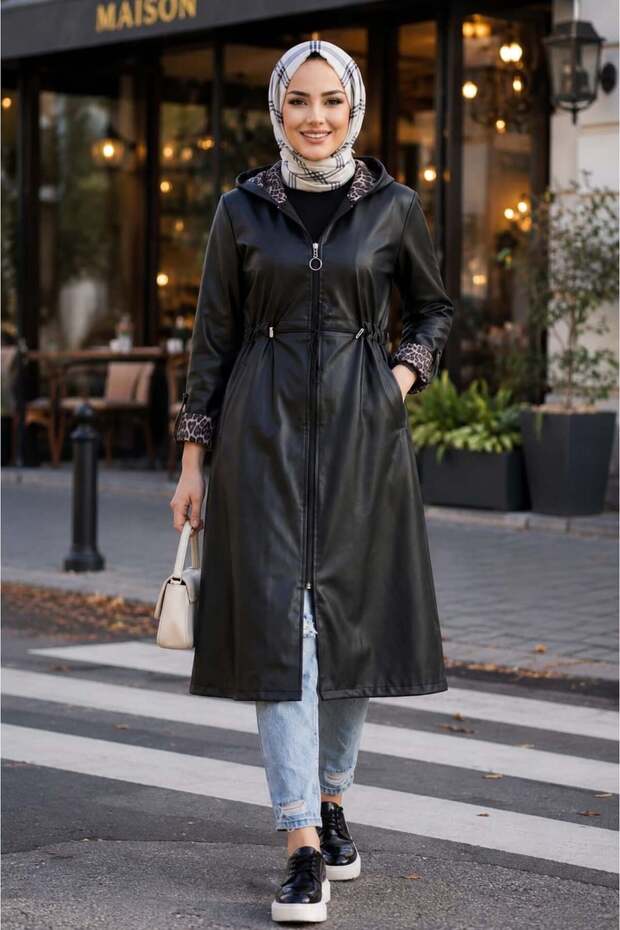 Women's Hooded Zippered Leather Black Hood