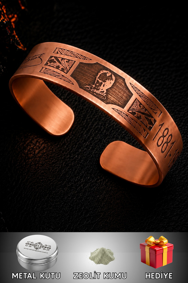 Men's Copper Bracelet Handmade with Atatürk Motif Adjustable Men's Copper Bracelet