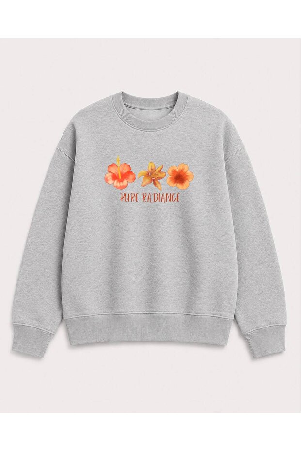 Orange Flowers Printed 2 Thread Threaded Crew Neck Sweatshirt