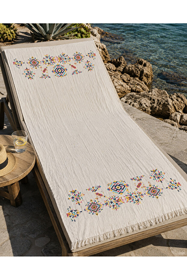 Large Size 100% Cotton Muslin Beach Towel – Patterned, Tasseled, Quick-Drying, Soft XL Peshtemal