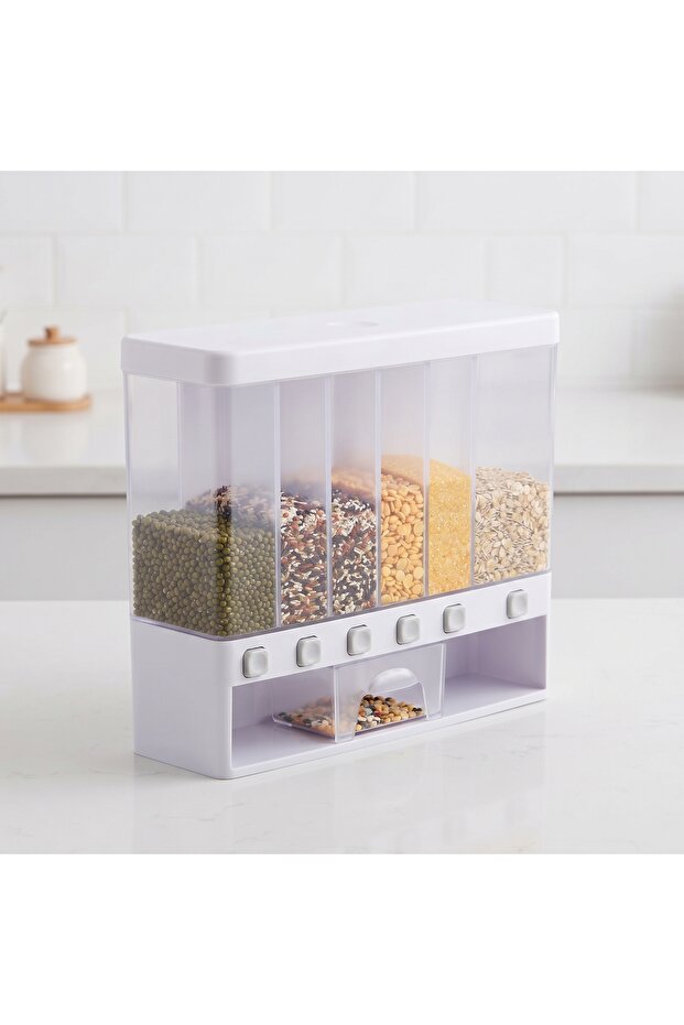 6 Compartment Grain Dispenser Storage Container with Push Button, Airtight Food Storage Box for Rice, Lentils, Beans, Cereals, Dry Fruits & Kitchen Pantry Organizer, BPA Free