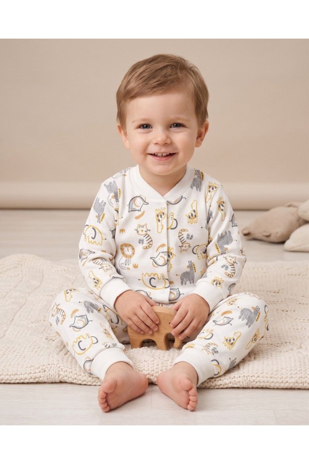 Boy's Snap Fastener Animals Printed 0-6 Years Old 100% Cotton Seasonal Nightgown Pajama Set