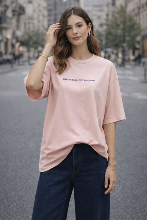 Women's Powder T-Shirt Oversize Round Neck Front and Back Printed Short Sleeve Single Jersey
