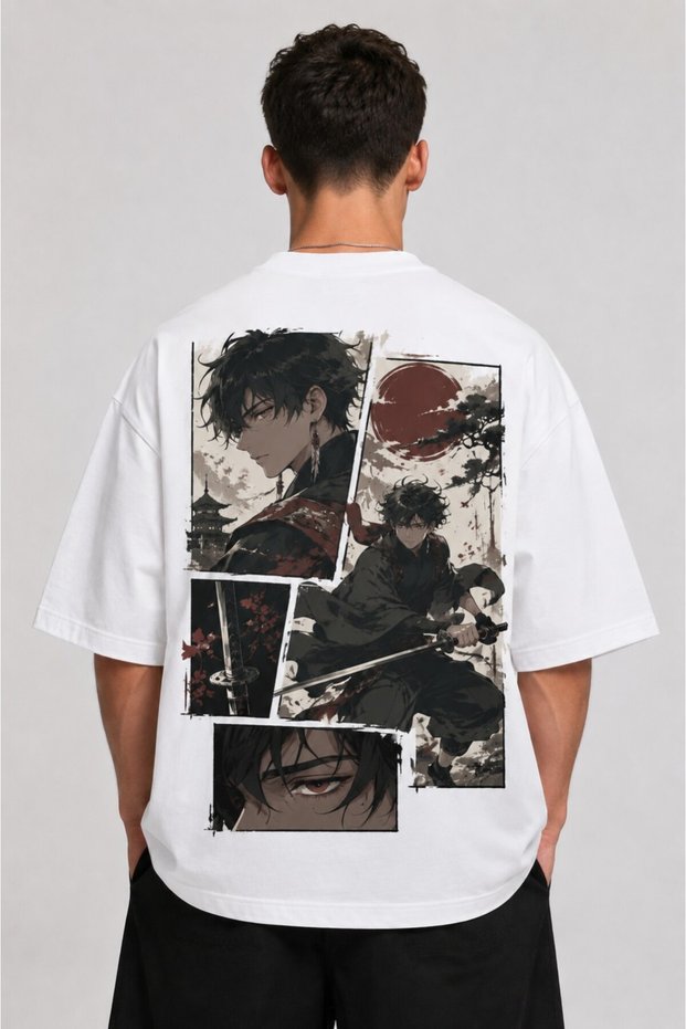 Unisex Oversize Japanese Samurai Printed White 100% Cotton T-Shirt