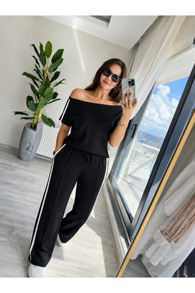 Women's one shoulder open side stripe detailed viscose two thread blouse and pant two piece set