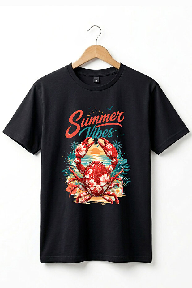 Summer Vibes Crab Printed 100% Cotton Regular Fit Crew Neck Basic T-Shirt