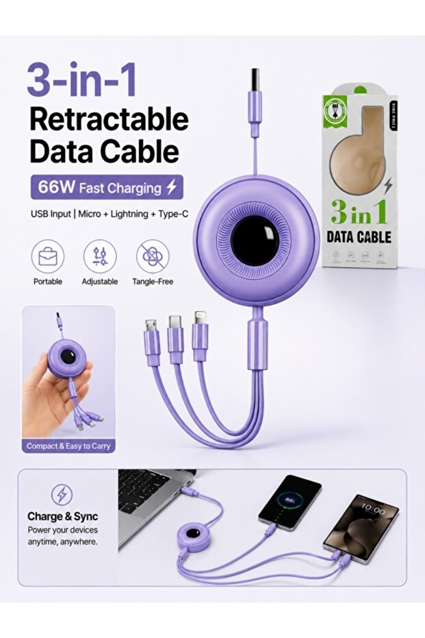 كابل شحن قابل للسحب 3 في 1 بقوة 66 واط، منفذ Type-C و Lightning و Micro-USB، طول 1.1 متر، لون أرجواني