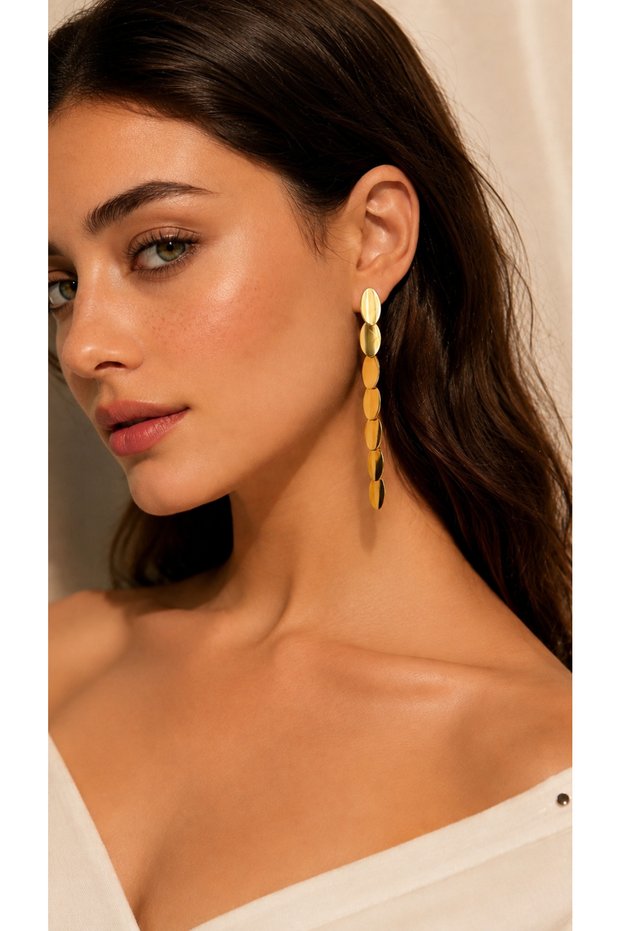 Vip Series Women's Gold Plated Geometric Oval Plate Dangle Long Earrings