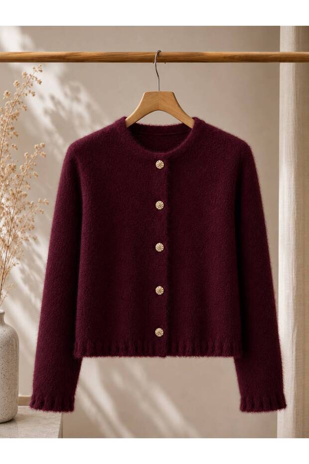 Gold Buttoned Ruffled Women's Knitwear Beard Cardigan