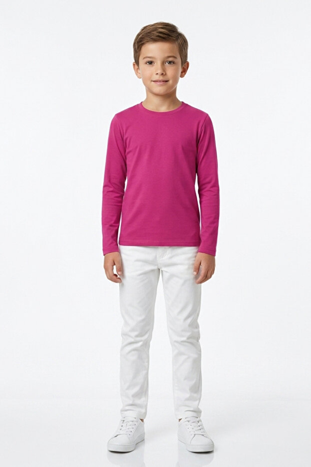 Boy's Long Sleeve Basic Plain T-Shirt Fuchsia 100% Cotton Crew Neck T-Shirt (2-13 Years)
