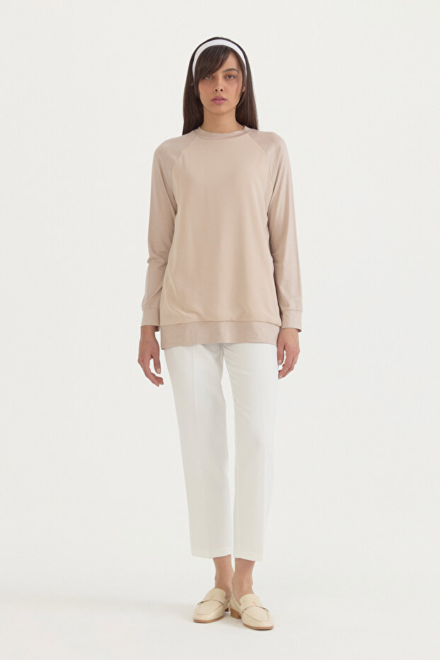 Combed Cotton Blouse with Chiffon Detail - Stone