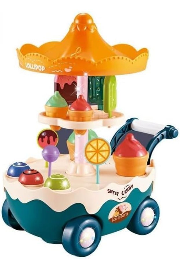 Ice Cream Cart Pretend Play Toy Dessert Shop Set with Light Music for Kids Age 3+ Years Fun