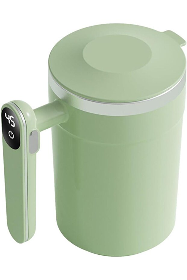 Leak-proof coffee stirrer with USB rechargeable battery, stainless steel insulated cup, 400ml large capacity, green.