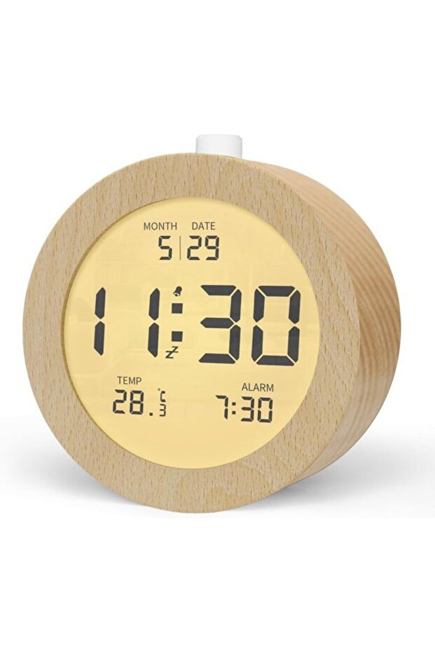 Digital alarm clock, wooden bedside alarm clock, with LCD screen, snooze function, night light, round shape.