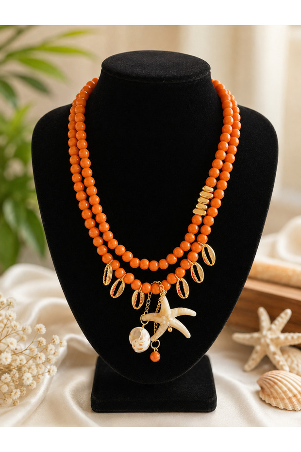 Women's Steel Necklace with Sea Star and Shell Details, Orange Beaded
