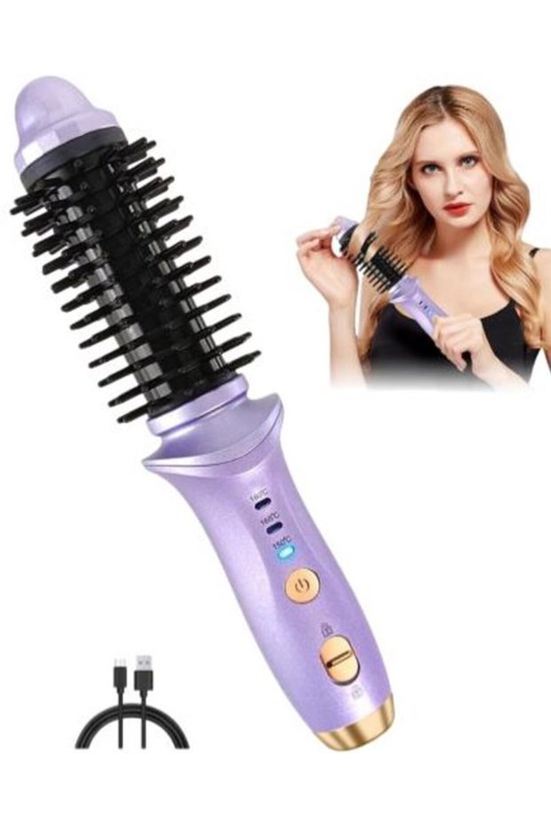 Cordless 3-in-1 Heated Hair Straightener & Curling Comb Brush (Purple, 22.5 x 4.4 cm)
