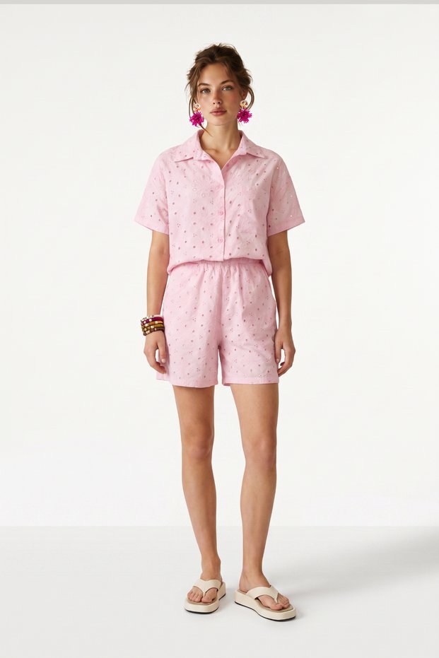 Fisto Embroidered Shirt Shorts Set Lby0064 Sugar Pink