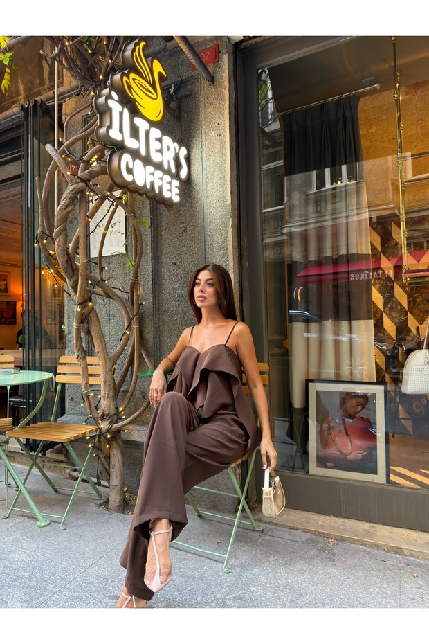 Women's Brown Ruffled Blouse and High Waist Palazzo Pants Set