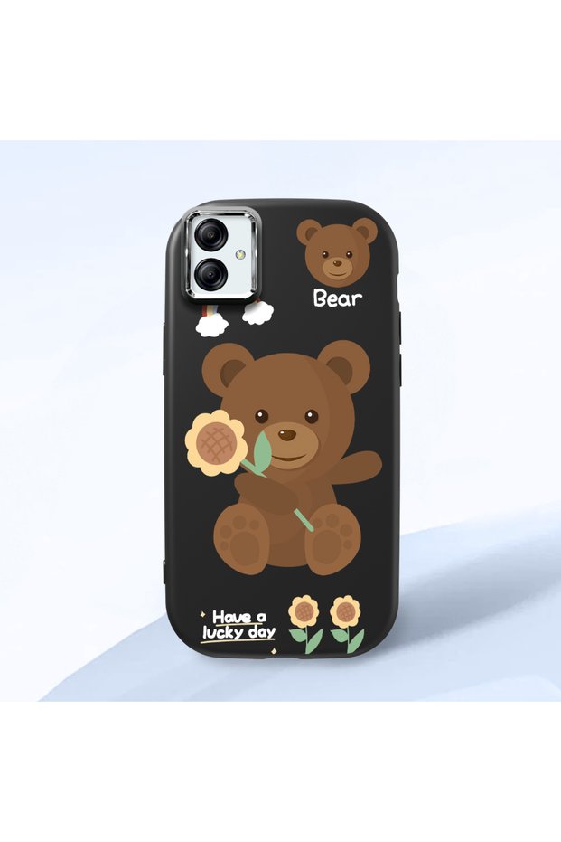 Samsung Galaxy A04E Compatible Case Camera Protector Black Silicone Couple Phone Case with Bear Pattern