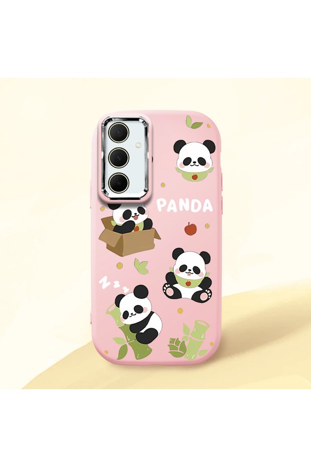 Samsung Galaxy A35 Compatible Case Camera Protector Pink Silicone Couple Phone Case Panda Pattern