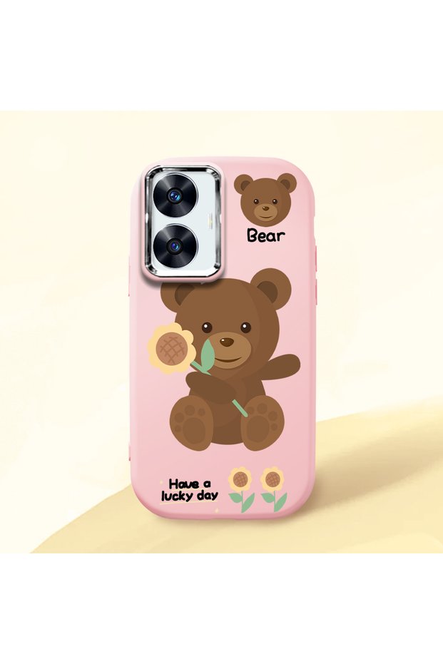 Realme C55 Compatible Case Camera Protector Pink Silicone Couple Phone Case with Bear Pattern