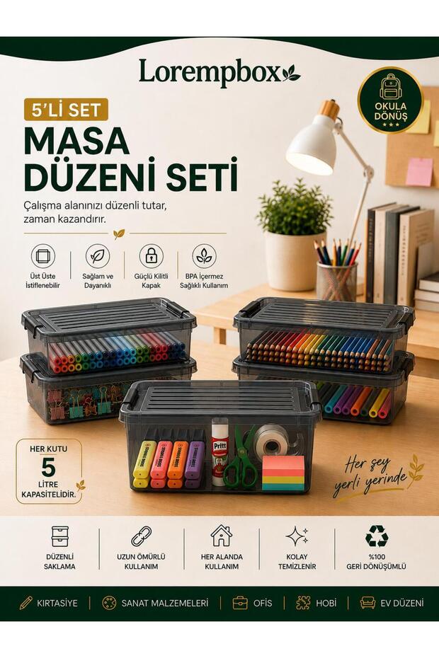 5-Piece 5 L Table Layout Storage Box Set | Anthracite Organizer Box with Lockable Lid, Stationery and Hobby Organizer