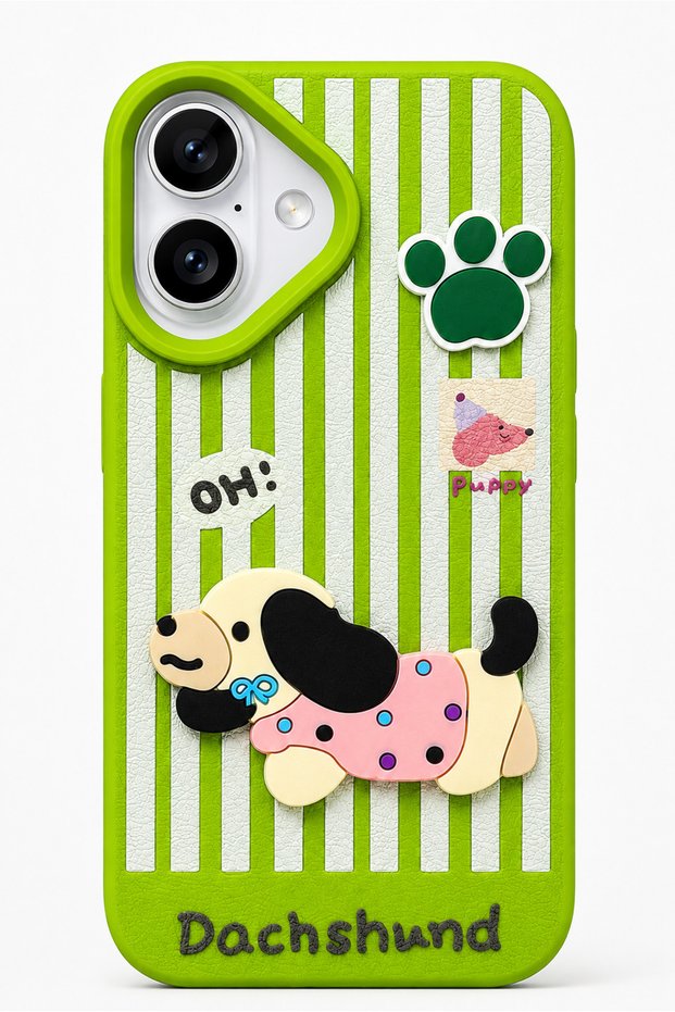 iPhone 17 Compatible 3D Dog Figure Striped Silicone Phone Case Dachshund