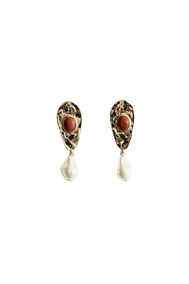 Steel Pearl and Stone Detailed Dangle Earrings