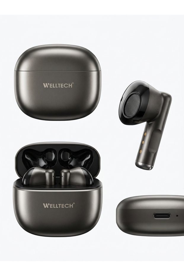 WELLTECH W12 V6.0 Metal Semi In-Ear Wireless Earbuds Bluetooth 6.0 TWS Headphones with ENC Noise Reduction, HD Mic, Touch Control & Charging Case