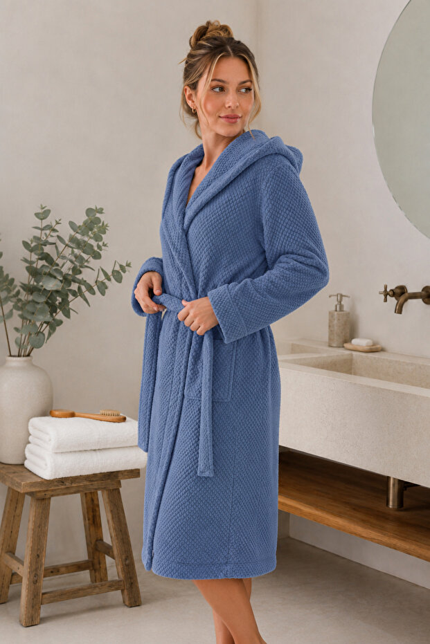 La Notte Cotton Knit Hooded Bathrobe XL Indigo