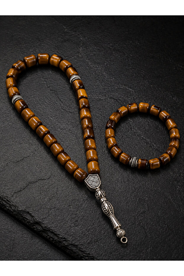 Cylinder Tiger's Eye Natural Stone Prayer Beads and Bracelet Set Medium Size Men's Premium Design